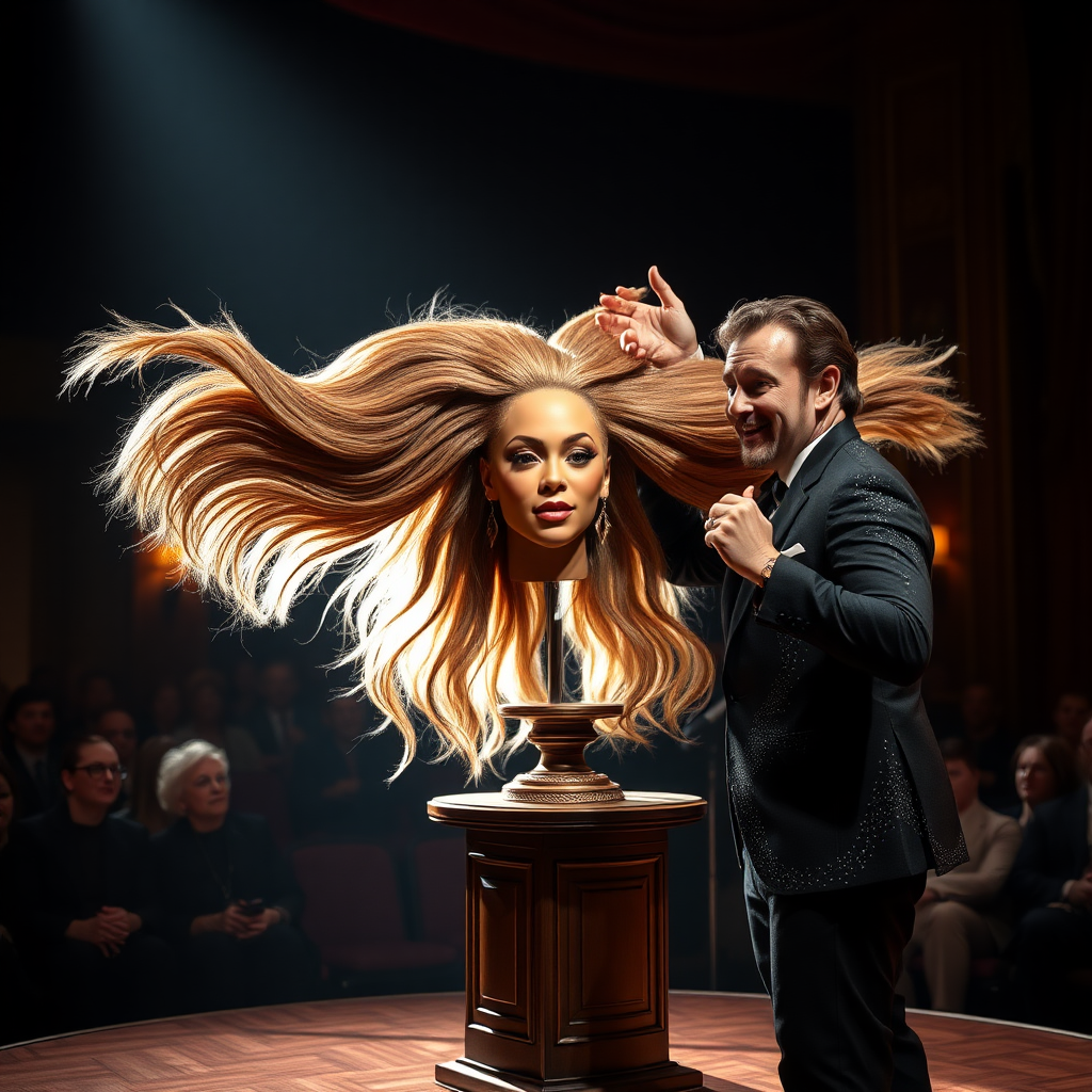 In a dimly lit theater, the atmosphere crackles with anticipation, the audience's murmurs a blend of curiosity and skepticism. On a grand, elegantly adorned display stand sits the disembodied head of the enchanting Beyoncé, her radiant skin glistening under the soft, warm glow of the spotlight. Her striking features are perfectly framed by cascading locks of lustrous, very long hair that shimmer with hues of light brown and hints of rich mahogany, reminiscent of polished silk.

Standing beside her is the magician, a charismatic figure in a sharp, tailored suit that glints with sequins in the light. With theatrical flair, he holds her voluminous hair aloft, fingers splayed wide, deftly spreading it out like a shimmering waterfall, mesmerising the audience. The hair flows like liquid night, each strand capturing the light as it falls gracefully to the ground, creating a stunning, almost surreal contrast against the stark wooden stage.

The magician’s face is lit with a confident smile, his eyes sparkling with the thrill of the performance, as he engages the audience with playful banter. Their gasps and laughter echo throughout the room, a symphony of wonder and disbelief. The scent of polished wood and fresh popcorn wafts through the air, mingling with the underlying electricity of the moment. Time seems to stand still as the audience leans in, captivated by the spectacle, a seamless blend of illusion and artistry that promises to defy reason and ignite imagination.