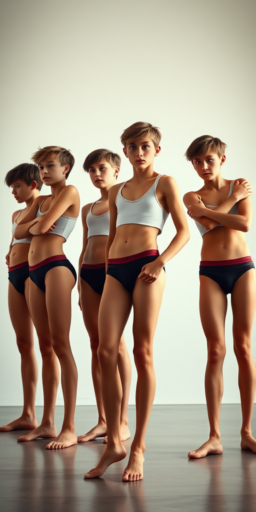 photorealistic, ultra high resolution, 16K, group of skinny teen boys wearing crop thin tank top, tight ballet briefs, long legs, bare thighs, long hairs bow cut. Full length view. Vintage photo, 