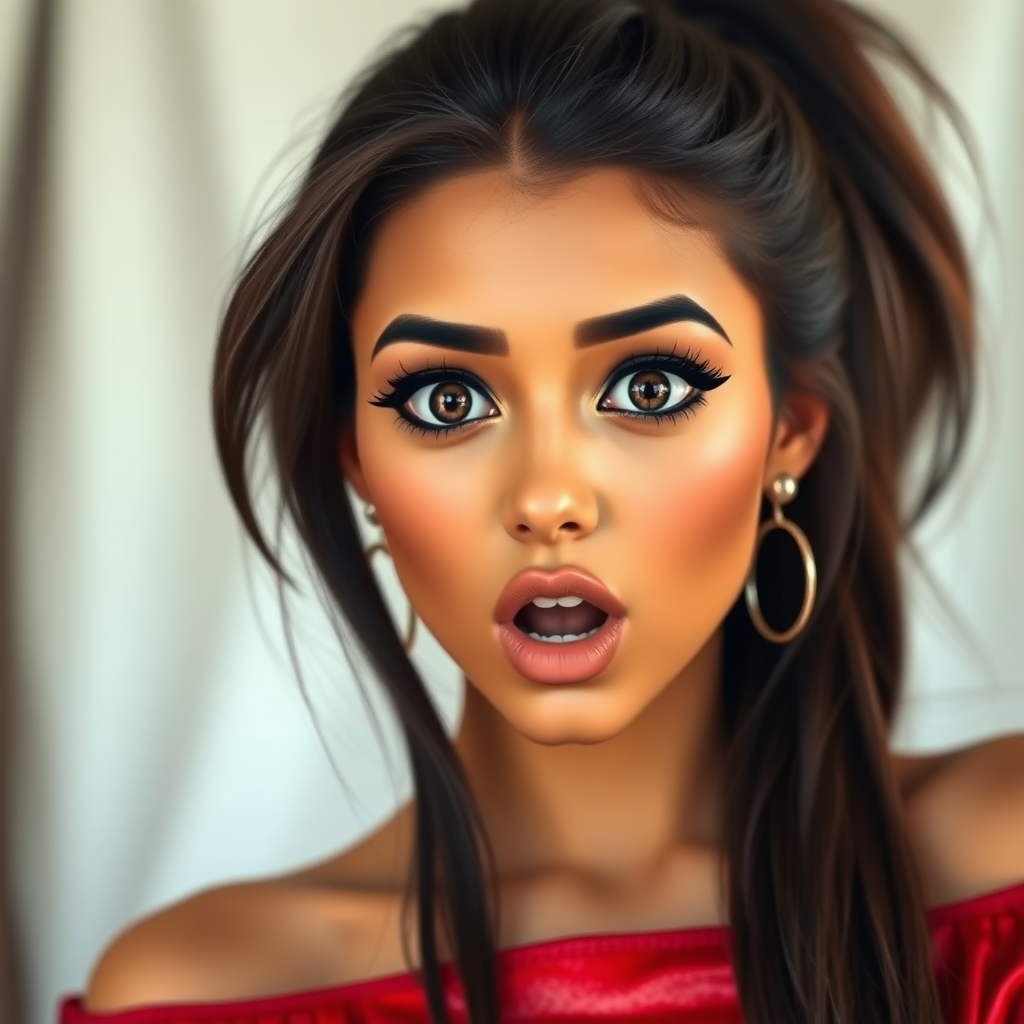 surprised Arabian girl with mouth open. She has very large eyes, black eyeshadow, black eyeliner, fake eyelashes, very tanned skin, very long hair. very high ponytail, red off shoulder shinny crop top. photo realistic