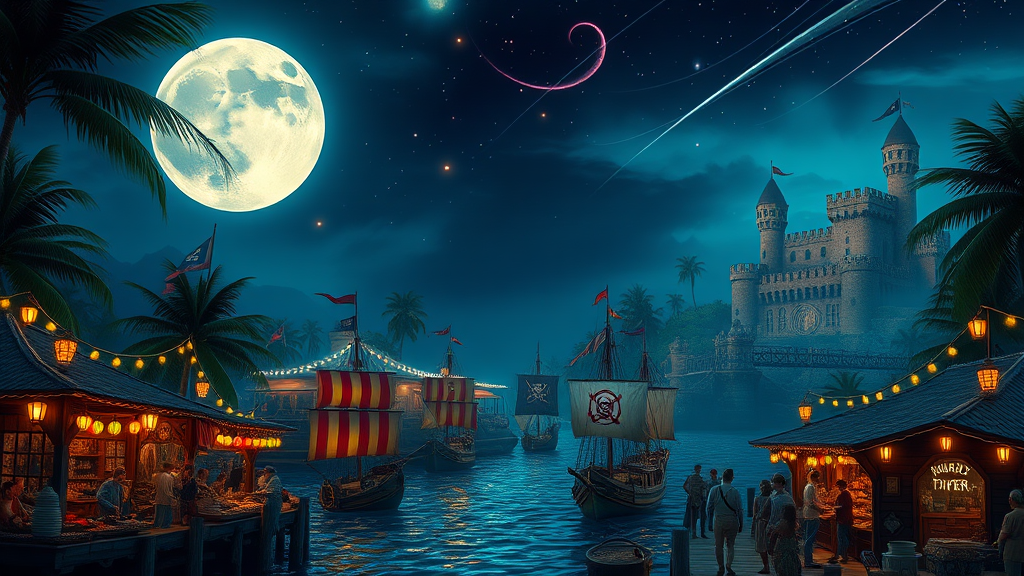 A photorealistic whimsical moonlit pirate harbor bustles with activity. Ships with colorful flags bob in the water, their lanterns glowing against the night sky. A lively marketplace lines the waterfront, filled with flamboyantly dressed merchants and curious visitors. Wooden stalls offer exotic goods under strings of colorful lanterns. Palm trees frame a large full moon, casting long shadows across cobblestone streets. A grand pirate fortress looms on a nearby hill, its Jolly Roger flag visible in the moonlight. Hidden among the palms, a secret cove reveals a notorious pirate tavern. The scene is bathed in an ethereal, magical quality, with fireflies dancing and the occasional shooting star streaking overhead.