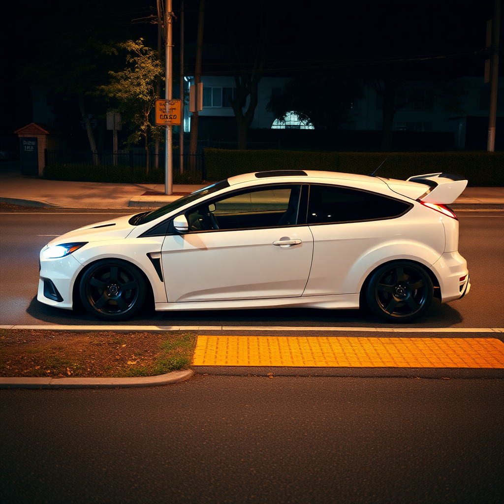 ford focus rs 2009 car is parked on the side of the road, inspired by Taiyō Matsumoto, tumblr, restomod, nd4, c4