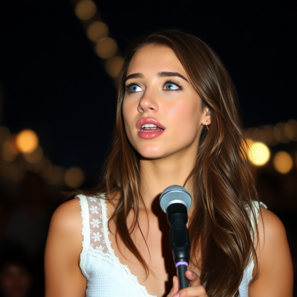 a young woman singing. she is looking like lucy thomas. long brunette hair with highlights, narrow pale blue eyes. suntanned skin. small lips with pale red lipstick. looking to the side. wearing a white dress with transparent lace. view from far. night sky in background. photo