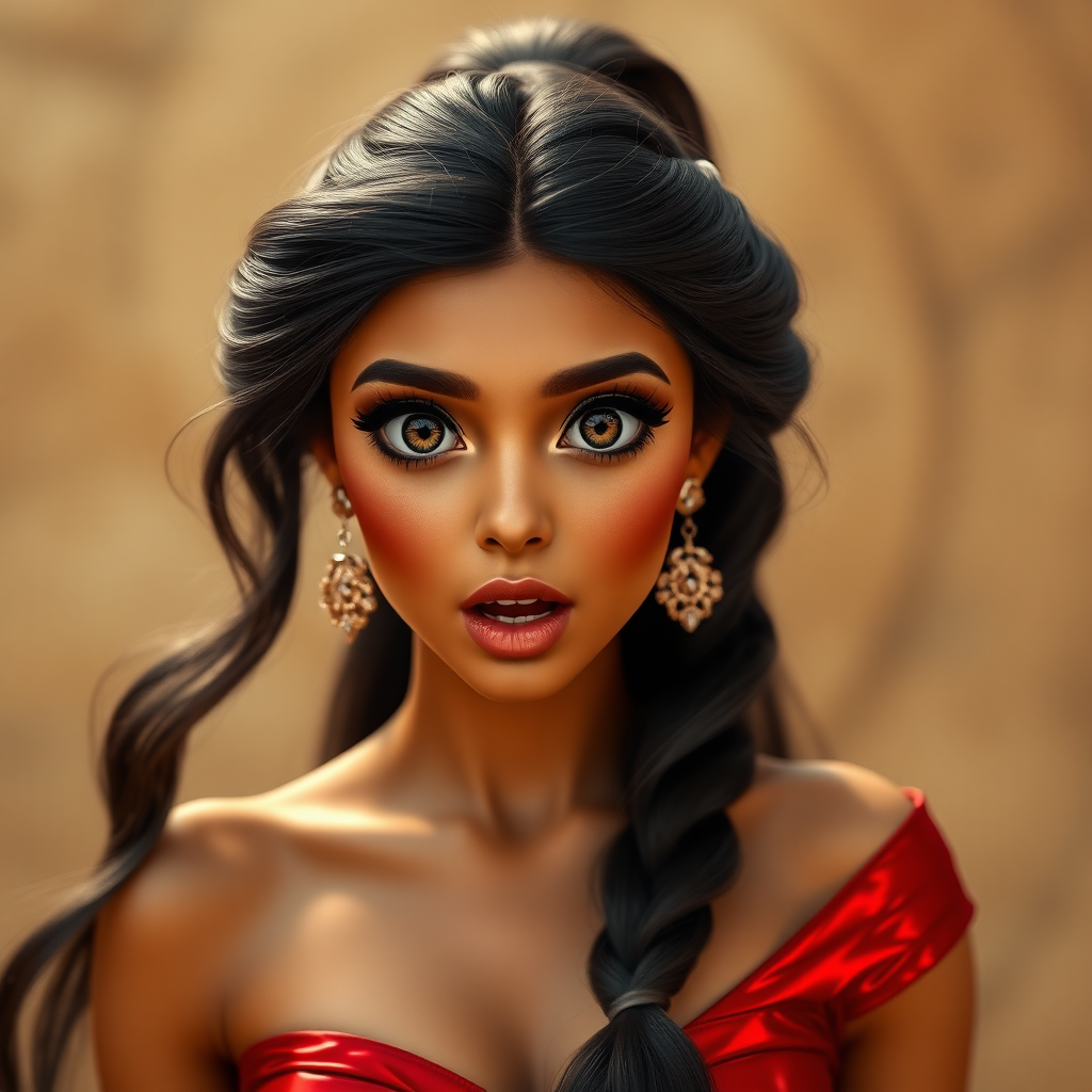 surprised Arabian girl with mouth open. She has very large eyes, black eyeshadow, black eyeliner, fake eyelashes, very tanned skin, very long hair. very high ponytail, princess jasmine, red off shoulder shinny crop top. photo realistic