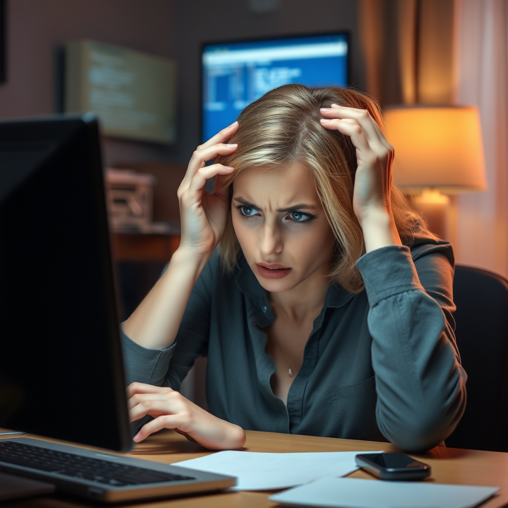 Create a detailed photo realistic scene of a desperate young nice blonde girl sitting in front of a computer. Her posture should reflect frustration, with her hands either on her face or gripping her head. Her surroundings are a typical home or office workspace, with dim lighting adding to the tense and stressful mood. The computer screen could show error messages, glitches, or something causing her distress. The woman’s expression should be a mix of anxiety, exhaustion, and very despair and sadness with subtle attention to facial details like furrowed brows or clenched jaws.