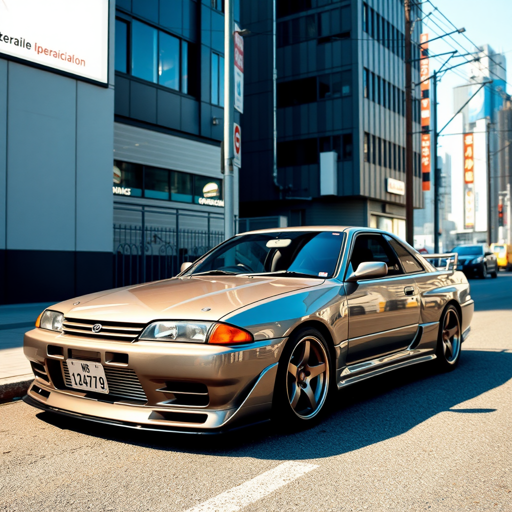 The car is parked on the side of the road, inspired by Taiyō Matsumoto, tumblr, restomod, nd4, c4 metallic shine nissan skyline r34 tokyo gece arkaplan