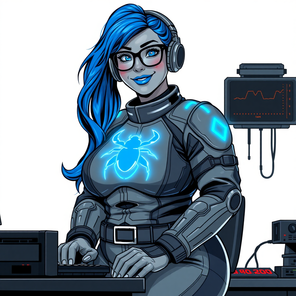 A nerdy, full-figured middle gray-skinned 29-year-old computer program hybrid with a long, maximum blue ponytail. She wears maximum blue lipstick and has bright blue eyes. Her outfit includes a digital, computerized, middle gray biker suit featuring a neon blue glowing beetle chest icon. She sports a sapphire headset and black eyeglasses, with a lovestruck smile and neon red blush. Her full figure reflects the doting care of her vigilante boyfriend. As his tech expert, she works diligently at her lab table in their hideout. The background is solid white. She has a prominent, large, round midsection, thick limbs, and broad shoulders. Her middle gray metallic skin highlights her digital nature. The biker suit blends with her middle gray skin appearing to merge together as computer data. She is drawn as if she was in a retro 2D cyberpunk fighting game.