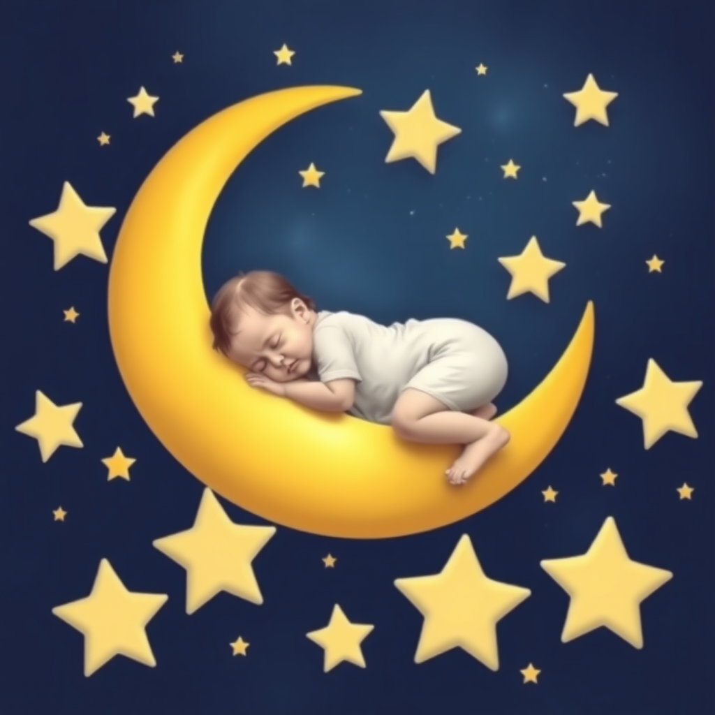 Sleeping baby on moon and stars around