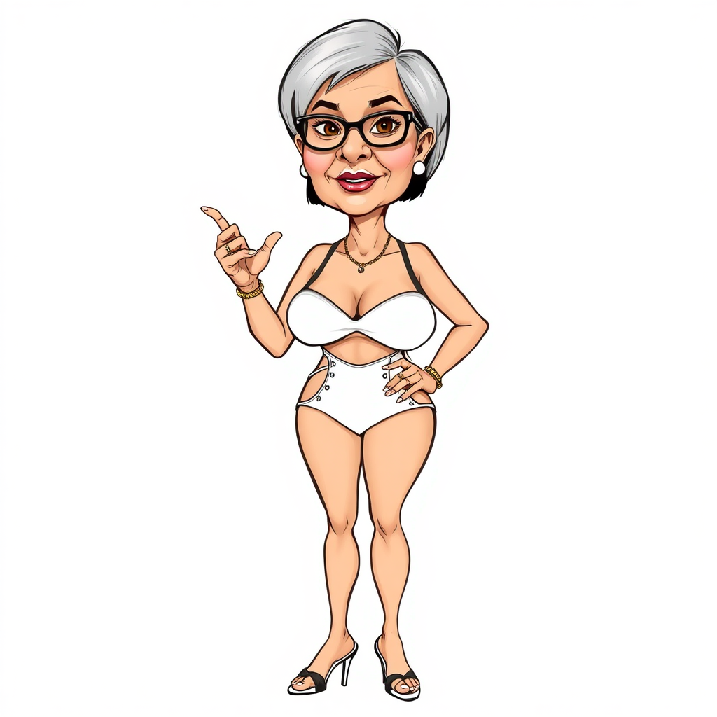 a towering 55 Years old, fit, slim, European, Latina, sharp aquiline nose, wrinkles, high cheekbones, Middle Eastern, Skinny, Tanned skin, Dark light skin, Rounded Medium breasts, Skinny thighs, full Makeup, jewelry, Serious face, Sharp nose, Ash hair, short bowl haircut, Brown eye color, Glasses, with detailed features. she is wearing black balconette bras and a white high cut cut out slingshot swimsuit, detailed fabric.  full body, high heels sandals, she is gesturing at the viewer, 
long establishing shot, 2D, caricature, cartoon, Sketch lines, coloring book, nlack and white, coloring book style on white background, well composed, clean coloring book page, No dither, no gradient, strong outline, No fill, No solids, vector illustration, realistic proportions