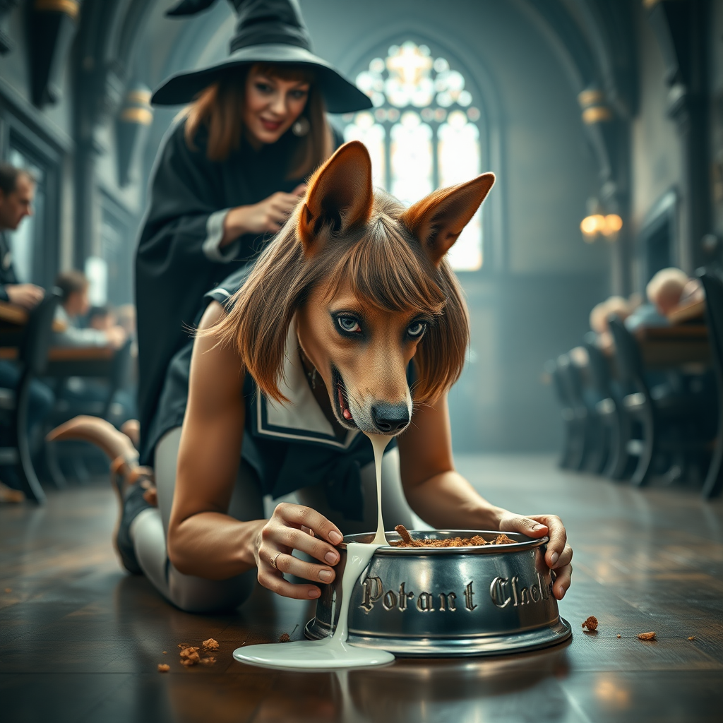 photorealistic, ultra high resolution, 16K, surreal fantasy, studio lighting, a wicked witch at Hogwarts School has cast a spell on Tyler Swift, who is a pretty 18 year old dog-boy, slim male physique with dog ears and bushy tail, shoulder length brown hair, goth makeup, earrings, spikey dog collar, dressed as a Hogwarts Slytherin girl - glossy grey pantyhose, school uniform, Mary-Jane shoes, kneeling on all fours the floor face down eating food from a dog bowl on the student dining hall at Hogwarts School, excited smile, licking the bowl, and white fluid dripping from his mouth from his open mouth, canine teeth. The witch is standing behind Tyler and is resting her arms on his shoulders. full body view, facing the camera.