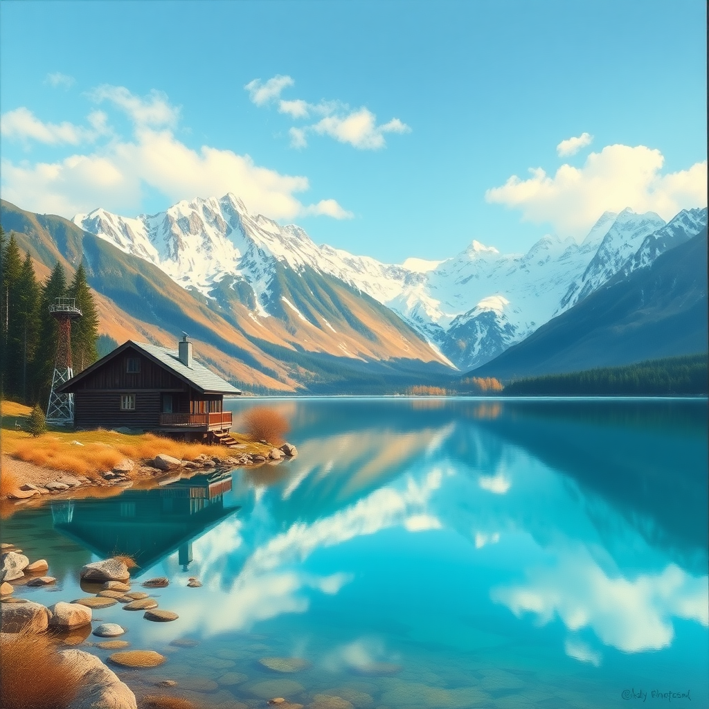 A refreshing landscape with a serene lake in the foreground reflects breathtaking snow-capped peaks in the background. This scene captures a quiet mountain house made of dark wood located near the water's edge, with a ski lift tower visible nearby. The water is crystal clear, showcasing vibrant turquoise tones that beautifully contrast with the earthy brown and green hues of the surrounding terrain. The sky adds to the tranquil atmosphere with its subtle blue hue and scattered clouds. Pastel-style painting.