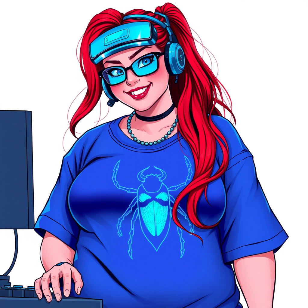 A cyberpunk vigilante’s full-figured intelligent and tech-savvy 29-year-old girlfriend, who is a computer hacker and tech genius. She has a long ruby red ponytail and bright blue eyes. She wears a sapphire beetle gemstone necklace, and an oversized maximum blue t-shirt featuring a giant neon blue glowing icon of a beetle on its chest. She has a full-figured physique with a prominent, gargantuan, round midsection, reflecting her well-cared-for lifestyle. She sports a sapphire headset with hi-tech maximum turquoise lensed HUD visor, black eyeglasses, and a beaming smile with a passionate bright red blush. Despite her figure and a lack of self-esteem, she radiates an air of beauty. She has a slim face which contributes to her radiant beauty. She serves as his tech expert from his hideout, diligently working at her lab table and computer desk. The background is solid white. She is drawn as if she was in a retro 2D cyberpunk fighting game.