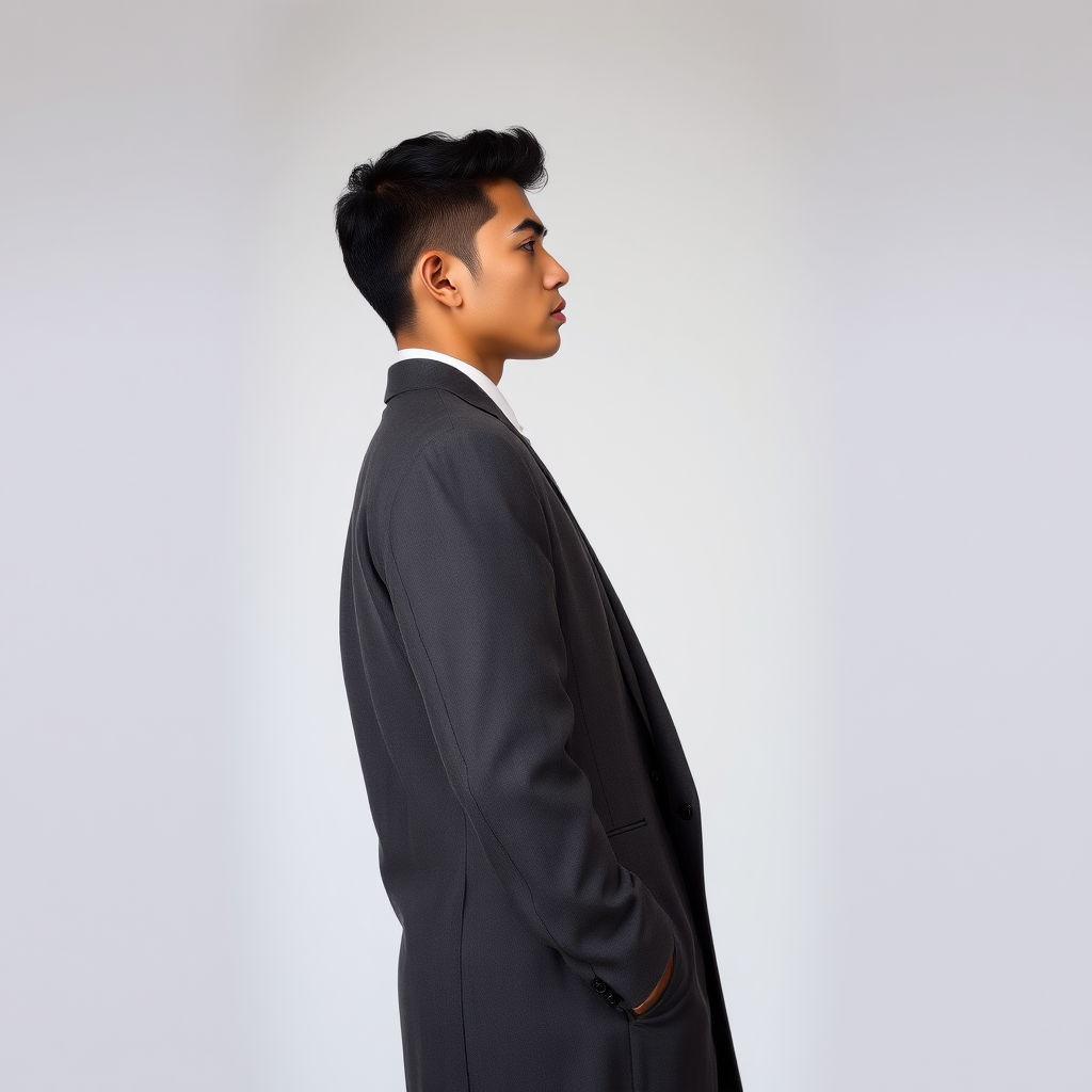 Tall male model in profile, dressed in an elegant suit, long pants, patent leather shoes, very short curly hair from blacks, oval face, small nose, brown eyes, thin lips, normal attached ears, slight double chin, Mediterranean complexion, very thin brown eyebrows.