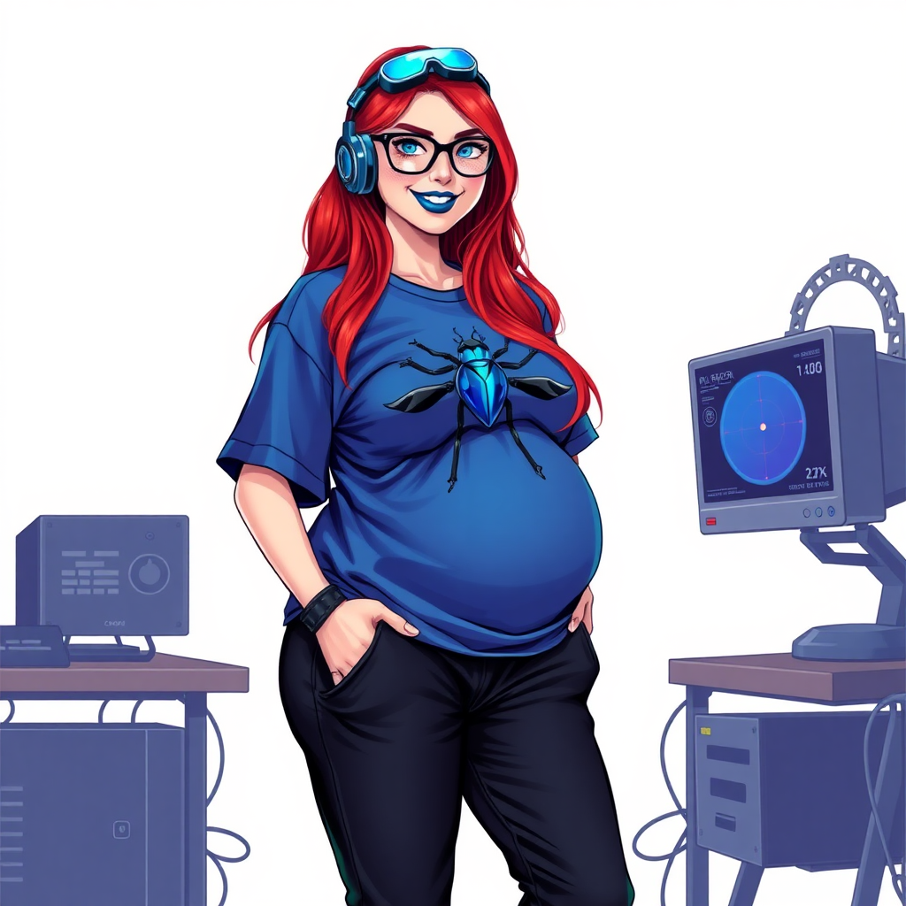 A cyberpunk vigilante's 28-year-old computer science major, nerdy, full figured, heavily pampered computer hacker and tech-wiz girlfriend with long, ruby red hair. She wears maximum blue lipstick and has bright blue eyes. Her outfit includes an oversized maximum blue t-shirt (accentuating her prominent gargantuan midsection) featuring a maximum blue gemstone beetle chest emblem. She sports black eyeglasses, black sweatpants, a sapphire headset with a maximum blue lensed HUD, with a beaming smile and neon red blush. Her full figure (especially her gargantuan midsection) shows the heavy extent of her doting pampering. As her boyfriend's tech-wiz, she primarily works in his hideout, operating from her workbench and her computer desk. The background is solid white. She has a prominent, round, gargantuan midsection. She is drawn as if she was in a retro 2D cyberpunk fighting game.