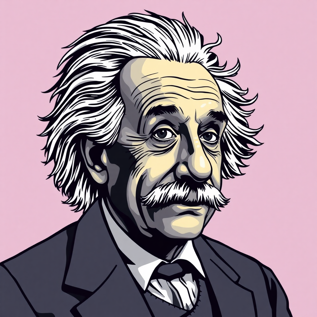 vector image of Albert Einstein, detailed features, establishing shot, vector illustration, movement lines