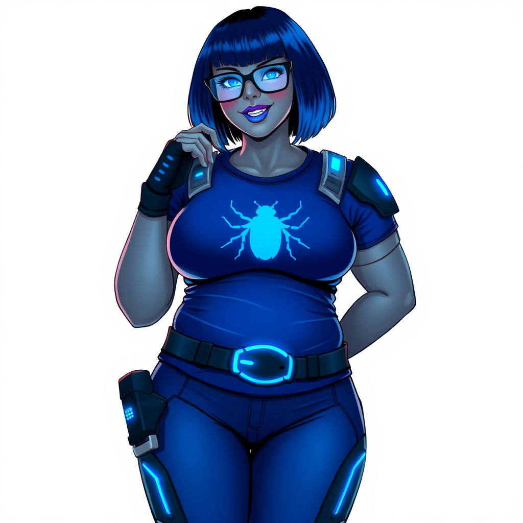 A 28-year-old, full-figured, middle gray-skinned computer program hybrid with a maximum blue bob cut. She has a non-athletic build, highlighted by a prominent, round, large midsection (with emphasis on her belly), which shows the aftermath of her pampering. As the heavily pampered digital sidekick to her cyberpunk vigilante boyfriend, her middle gray metallic skin and maximum blue lipstick emphasize her digital nature. She wears a digital, computerized costume inspired by DC’s Carrie Kelly Robin, consisting of a huge, tight-fitting, maximum blue t-shirt with a neon blue glowing chest icon of a beetle, hi-tech shoulder pads with neon blue accents, a black hi-tech belt with a digital neon blue glowing buckle, digital maximum blue biker pants with neon blue accents, and black hi-tech fingerless biker gloves with neon blue glowing accents. Her neon blue glowing eyes, black eyeglasses with a neon blue glowing HUD built into the lenses, and shy smile with neon red blush accentuate her nerdiness. She stands bashfully with one hand behind her back and the other hand gently touching her cheek, her costume covering all her skin and emphasizing her full-figured physique (especially her belly). She is clearly non-athletic, with a focus on her full-figured physique. Despite her build, she radiates beauty. She has a slim face compared to her physique, accentuating her radiant beauty. She is on a solid white background. She is drawn as if she were in a retro 2D cyberpunk fighting game.