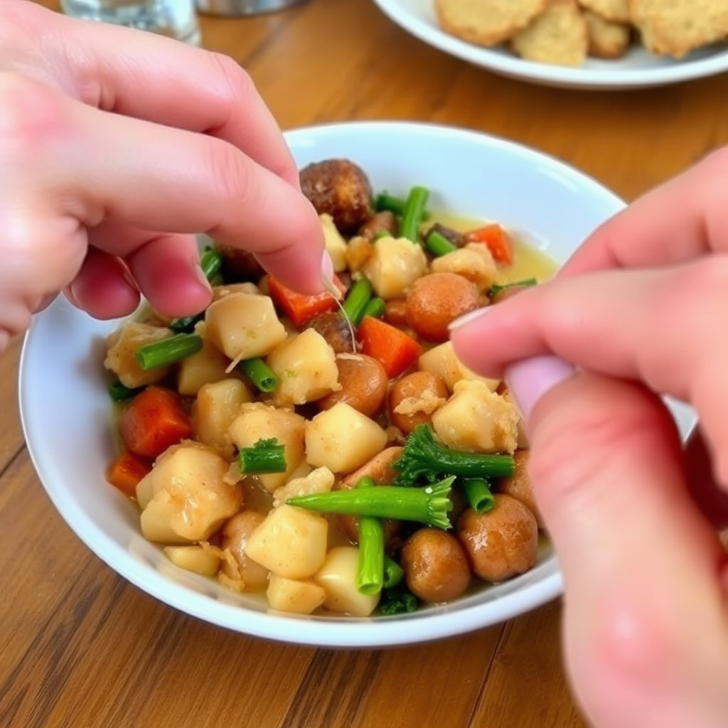 A lovely meal with a few stray hairs in it. The hairs are being picked out by a hand.