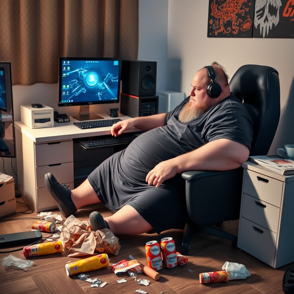 A photo of a lazy and obese man wearing headphones sitting at his gaming computer desk, food and drink trash is littered around the floor.