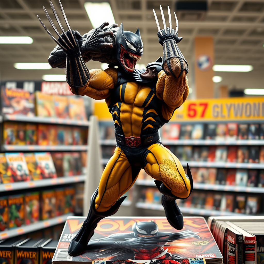 Jumping out of a comic book cover on a store shelf is Wolverine impaling Venom up in the air over his head in Cinematic Real3D photo-realistic quality.