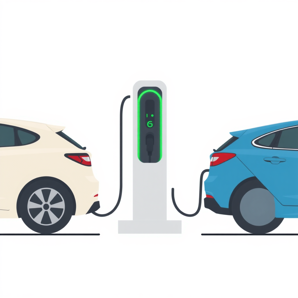 A simple flat illustration of an EV charger with two cars connected; cars are fully visible, one on each side, the illustration is symmetrical.