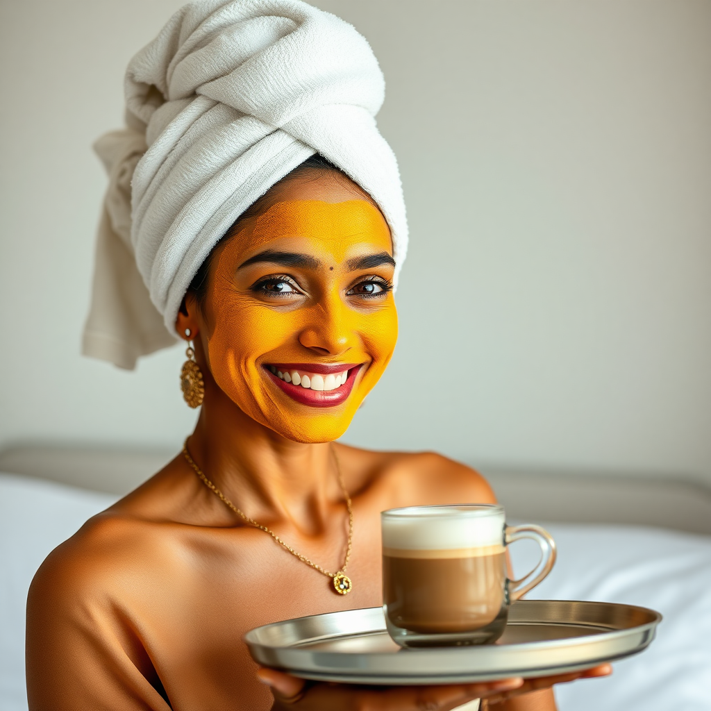 slim, 30 year old, indian wife, towel head, turmeric face mask. She is smiling and serving bedside coffee on a tray.