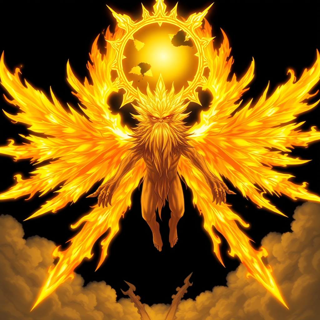 (High quality Anime styled art) Black background of a A Truly Colossal Supreme divine yet malevolent entity made of pure-solar golden-burning flame, white aura, embodying both pure holiness and corruption, floats ominously in mid-air. Eight blazing, fiery wings radiate intense solar energy, while a shattered unique halo resembling the sun hovers above its head, naked and body is made of pure-solar-burning flames, the being's long beard sways as its wrathful, ember-like eyes burn with intense fury, glowing in vivid shades of yellow and orange, exuding a powerful and foreboding energy.