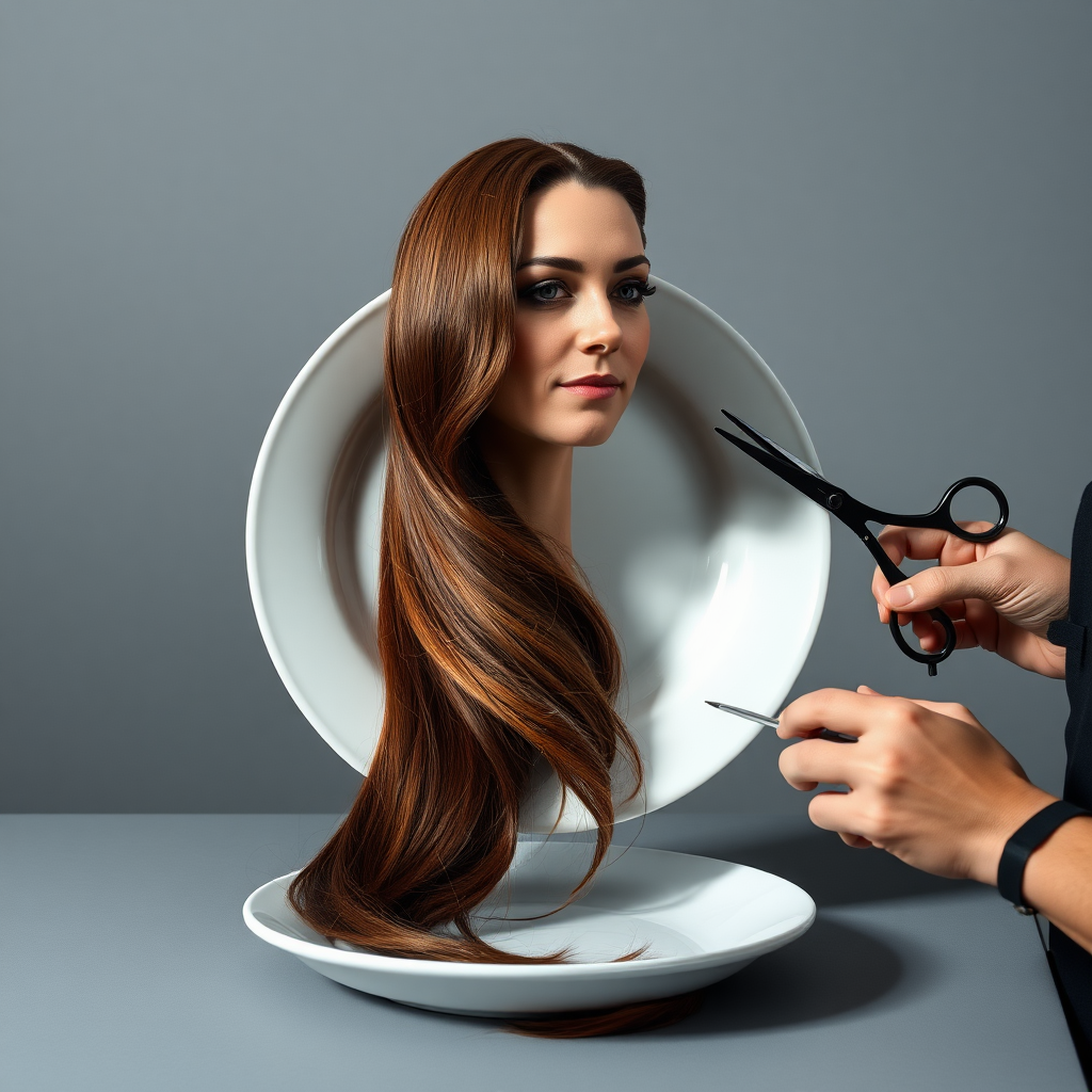 In a strikingly surreal scene, a beautifully crafted porcelain plate holds the disembodied head of a graceful Kate Middleton, her long, flowing hair cascading around like a luxurious waterfall of silky strands, shimmering in various shades of deep chestnut. Each hair seems to catch the light, creating an almost ethereal glow. Nearby, a meticulous hairdresser, dressed in a sleek black apron, carefully snips away at Kate's locks with precision scissors, their actions fluid and deliberate, emphasizing the delicate artistry of the moment.

The setting boasts minimalist decor, with a plain gray background that heightens the focus on this bizarre tableau. Soft shadows play across the smooth surface of the plate, enhancing the haunting beauty of Kate's serene expression, which conveys both elegance and an uncanny sense of stillness. The atmosphere is a blend of surreal calm and unsettling intrigue, pulling the viewer into a dreamlike space where reality and imagination intertwine. Gentle noises of scissors softly clipping away hair are the only sounds in this peculiar yet captivating scenario, heightening the tension and drawing viewers into this striking juxtaposition of beauty and the bizarre.