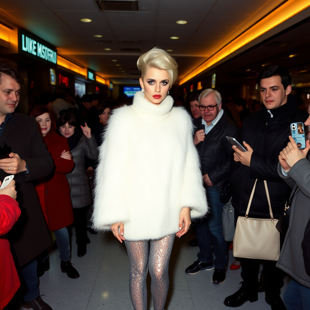 1990 winter evening, crowded cinema lobby: Sam, 19 years old beautiful involuntary femboy, rebellious intractable character, petite boyish figure, platinum blond boyish rebel punk hairstyle, flawless heavily made-up face with sharp arched tattooed eyebrows, wearing Supertanya-style fluffy very fuzzy bright white angora thigh-length turtleneck-poncho fully covering body and arms, silver-glitter leggings, black leather high-heeled pumps, silver earrings, puzzled alarmed, pout serious, impatiently waiting for her master. Other visitors watching laughing taking pictures. Full view of scene.