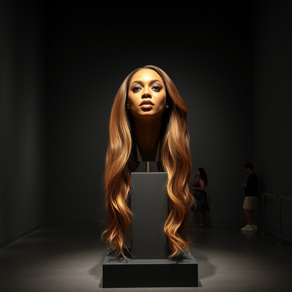 In a dimly lit exhibition hall that captures the essence of avant-garde artistry, a striking centerpiece commands attention—a stunning, life-sized reproduction of Beyoncé's disembodied head, artfully displayed atop an elegant, minimalist stand. Her luscious, cascading hair, flowing down like silken waterfalls, glimmers under soft spotlights, revealing various shades of deep ebony, sun-kissed caramel, and rich mahogany. Each strand of hair appears meticulously styled, evoking a sense of ethereality that captivates passersby.

The exhibit's atmosphere is infused with an intriguing blend of fascination and subtle mystery. The plain gray background serves as a striking contrast, emphasizing the intricate details of the head's delicate features and the sheer volume of her luxurious hair. As viewers meander through the exhibit, whispers of awe ripple through the crowd—an electric anticipation fills the air, punctuated by the occasional gasp, as onlookers contemplate the artistic statement of beauty and identity.

Glimmers of ambient lighting dance upon the hair, creating an almost dreamlike effect that draws the eye, while the subtle scent of polished wood and fresh paint lingers in the air, enhancing the sensory experience. Amidst this surreal setting, a skilled magician steps forward, performing deft sleight of hand tricks that play with illusions of reality, making it feel as though Beyoncé's hair might come alive at any moment. Curiosity intertwines with enchantment, making each viewer ponder the boundaries of beauty, art, and expression.