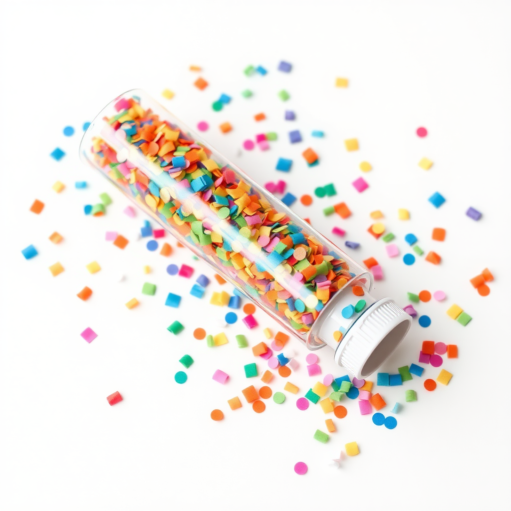 colorful confetti popper tube lying flat at an angle with confetti around it, white background