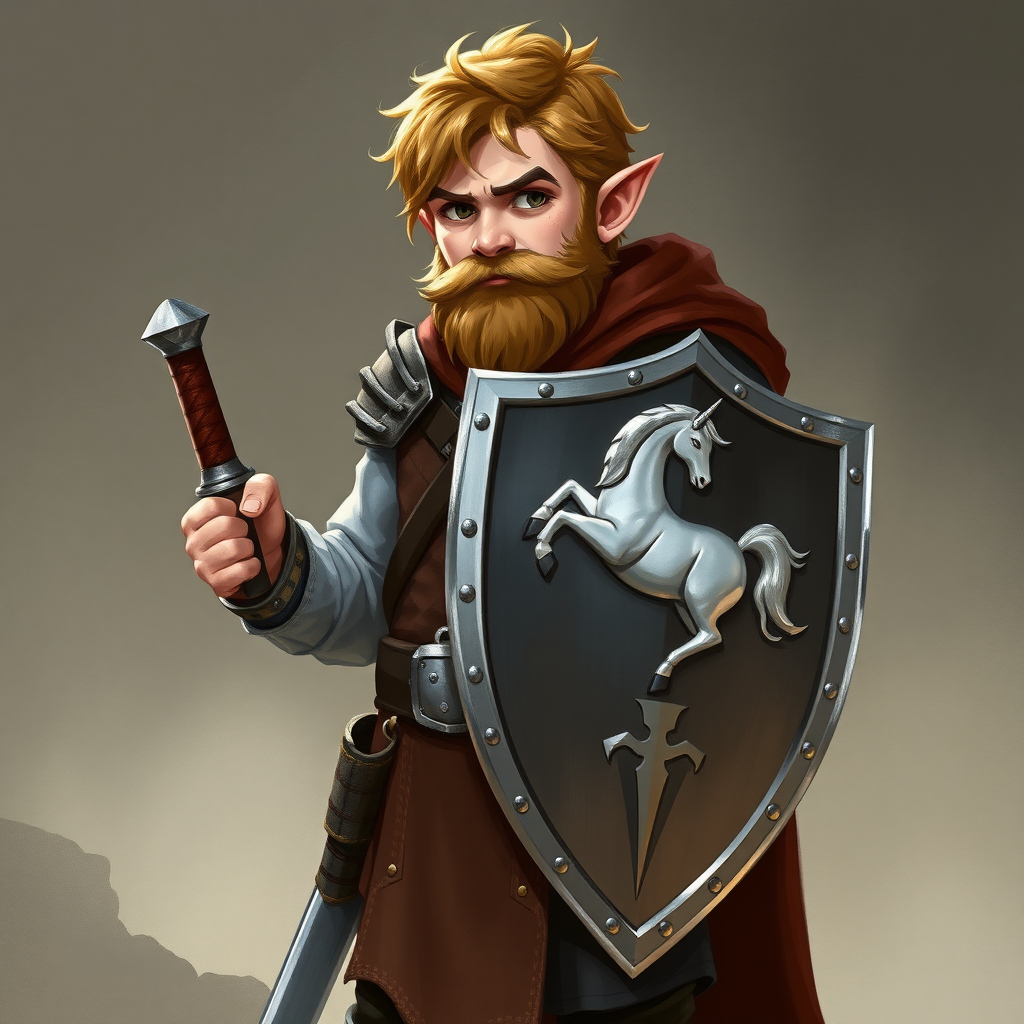 In a fantasy world, a halfling paladin, carrying a shield, high definition, normal and standard appearance, not wearing a beard. Character in full height, sword at the side and shield slung over the left arm. On the shield, there is a silver unicorn depicted.