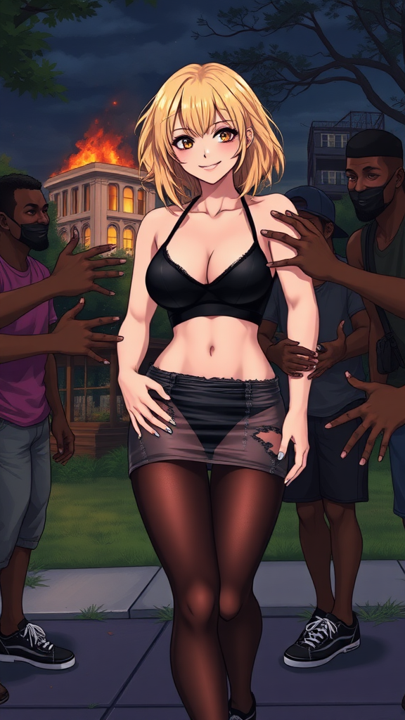 Anime art of a woman and hands of thug black-African rioters next to her touching and grabbing her all over, medium blonde hair, wicked smile, a black, sleeveless crop top that reveals the woman's black bra and a high-waisted, wicked smile, large breast, wearing a transparent ripped and pulled on mini skirt by guys that showcases her black thong underwear underneath. She is also wearing black sheer tights and black sneakers with white laces, in Park and 1 building on fire at night from riots background,