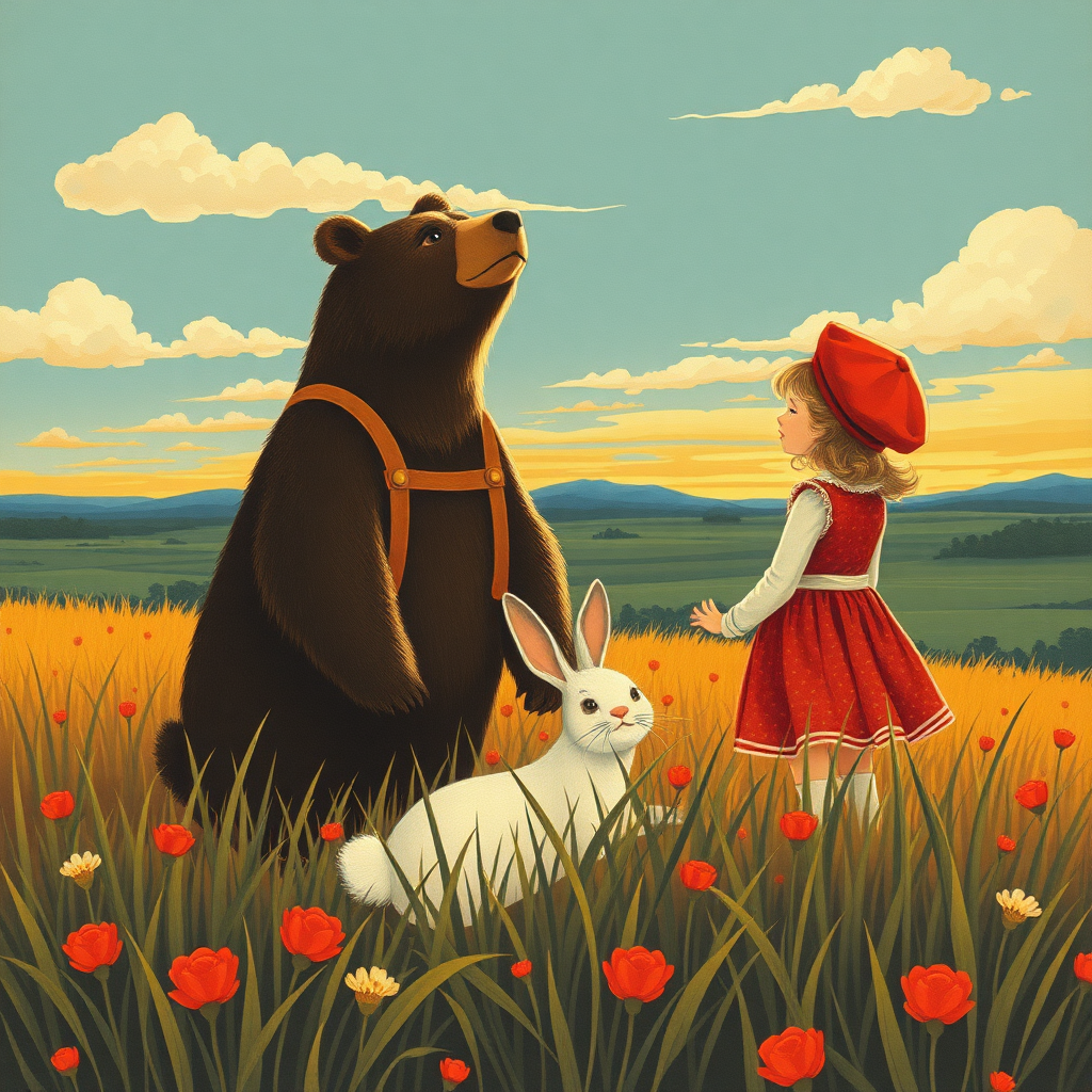 a big strong soviet poster USSR working girls bear and bunny in a field looking to the horizon but in the style of children's book's illustration