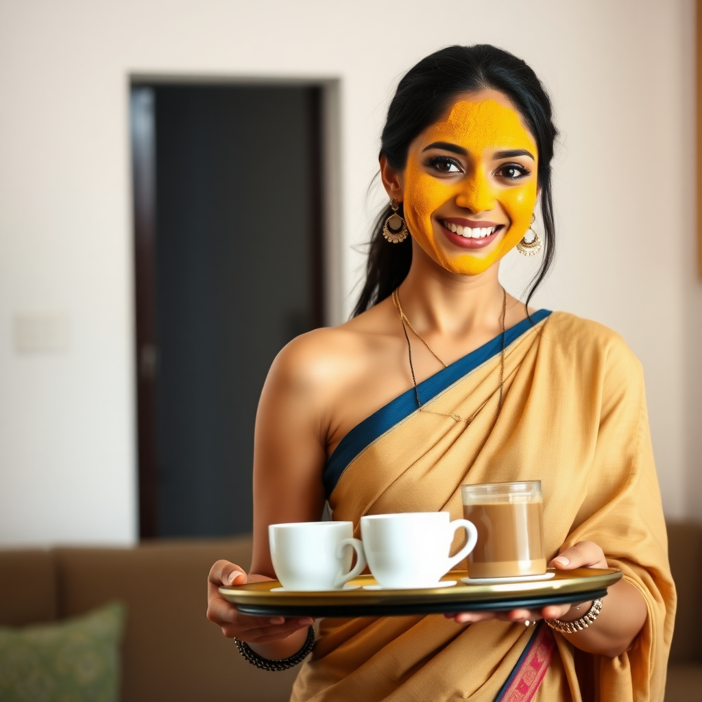 slim, 30 year old, sexy, indian wife, saree, turmeric face mask. She is smiling and serving coffee on a tray to guests.