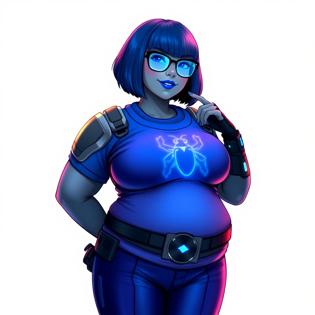 A 28-year-old, full-figured, middle gray skinned computer program hybrid with a maximum blue bob cut. She has a non-athletic build, highlighted by a prominent, round, large midsection (with emphasis on her large belly), which shows the aftermath of her pampering. As the heavily pampered digital sidekick to her cyberpunk vigilante boyfriend, her middle gray metallic skin and maximum blue lipstick emphasize her digital nature. She wears a digital, computerized costume inspired by DC’s Carrie Kelly Robin, consisting of a huge, tight-fitting, maximum blue t-shirt with a neon blue glowing chest icon of a beetle, hi-tech shoulder pads with neon blue accents, a black hi-tech belt with a digital neon blue glowing buckle, digital maximum blue pants with neon blue accents, and black hi-tech fingerless biker gloves with neon blue glowing accents. Her neon blue glowing eyes, black eyeglasses with a neon blue glowing HUD built into the lenses, and shy smile with neon red blush accentuate her nerdiness. She stands bashfully with one hand behind her back and the other hand gently touching her cheek, her costume covering all her skin and emphasizing her full-figured physique (especially her belly). She is clearly non-athletic, with a focus on her full-figured physique. Despite her build, she radiates beauty. She has a slim face compared to her physique, accentuating her radiant beauty. She is on a solid white background. She is drawn as if she were in a retro 2D cyberpunk fighting game.