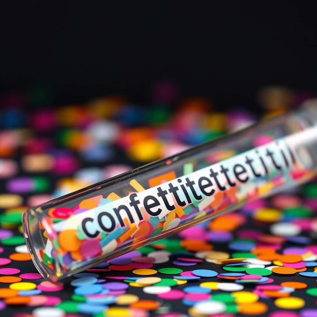 A photo of a glass fat transparent plain uniform confetti popper tube with colorful confetti inside and with text "confeettittititfeettititii" on it, lying flat at an angle, with confetti around it, distant confetti blurred, white bold text with a black border, reflections on the tube glass, tube closed from both ends.