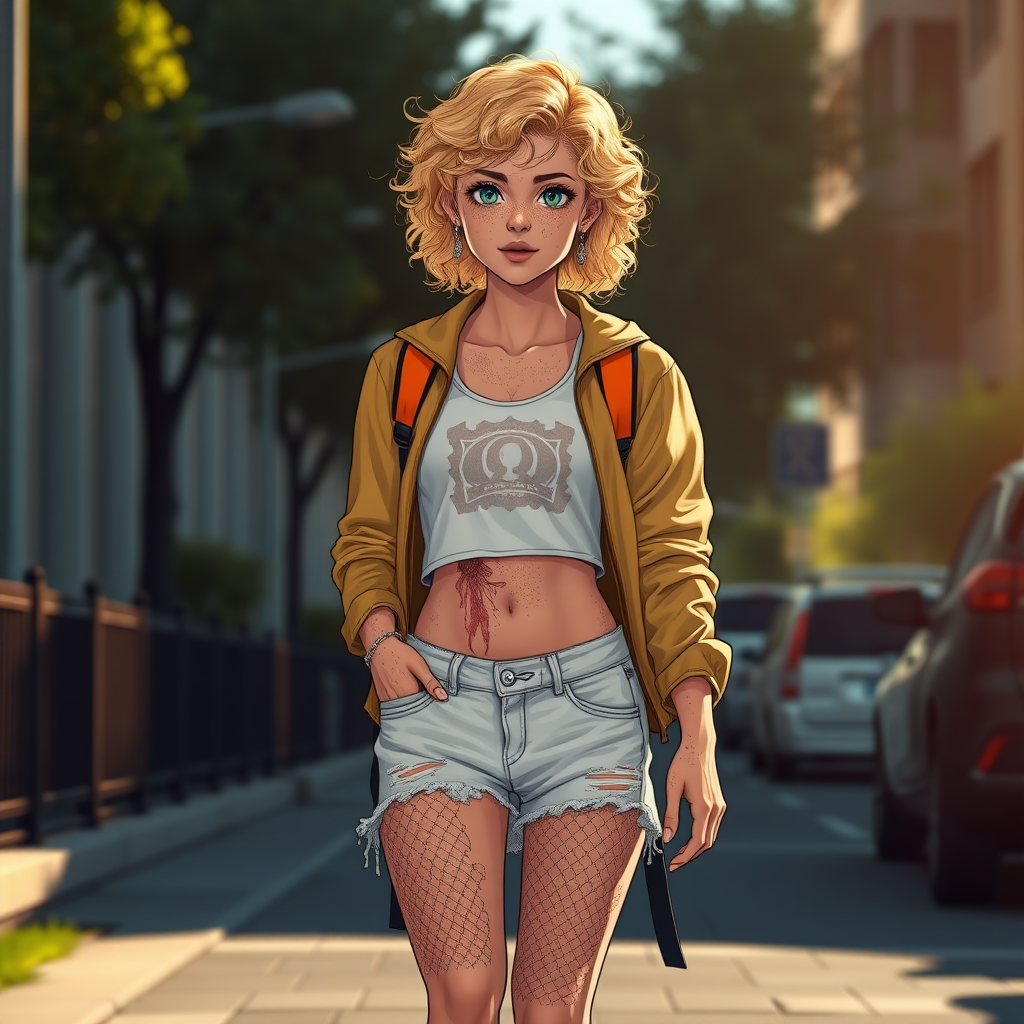 Ultra Realistic taken photo style image, Extremely good quality 8k resolution drawn manga image of a 15 year old petite and short tomboy girl with golden blonde curly hair with mixed and different color eyes and moles on her entire body and is a white American girl, Has on a Gold Jacket over a white extremely short crop top only covering her breasts and nothing more with a design on it, and has on ripped shorts and cool looking sneakers with a deep scar or injury on her stomach with a bright color backpack, ear piercings on, walking on the street to school in the morning with the beautiful sunlight lighting up her body beautifully.