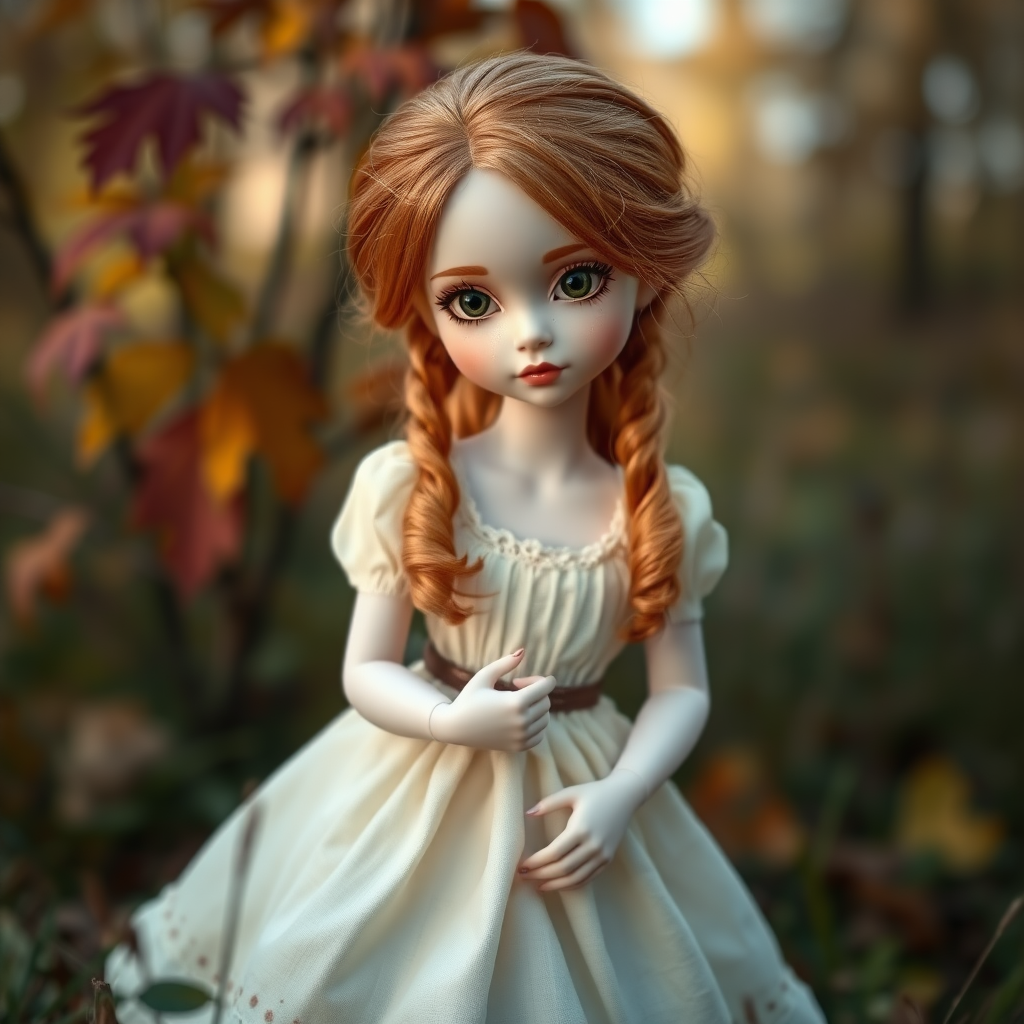 ooak art doll playing with her dress in nature, shy flirting with the camera, head tilted, questioning look, bisque doll, artist doll, realistic doll, life-like porcelain doll, symmetric, original, unique personality, dynamic, cinematic scene, centered, dept of field, low key lighting, preteen ginger girl, balanced colors, autumn, stunning eyes