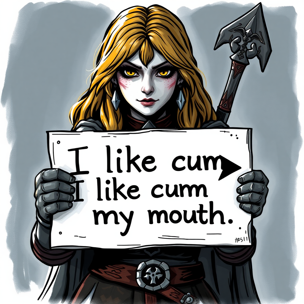 Shanalotte from Dark Souls 2 holding a sign with an arrow that points towards the lady and says "I like cum in my mouth."