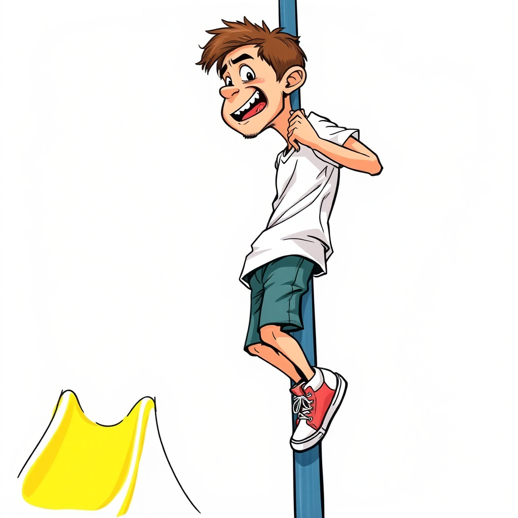 nervous short 20 year old european skinny man, short white t-shirt, standing, stunned, mesmerized, joyful, heavy drooling, heavy sweating, painfully climbing up a greased pole at the playground, side view, sneakers, detailed feet, 2D, caricature, cartoon, Sketch lines, coloring book, coloring book, colorful image,