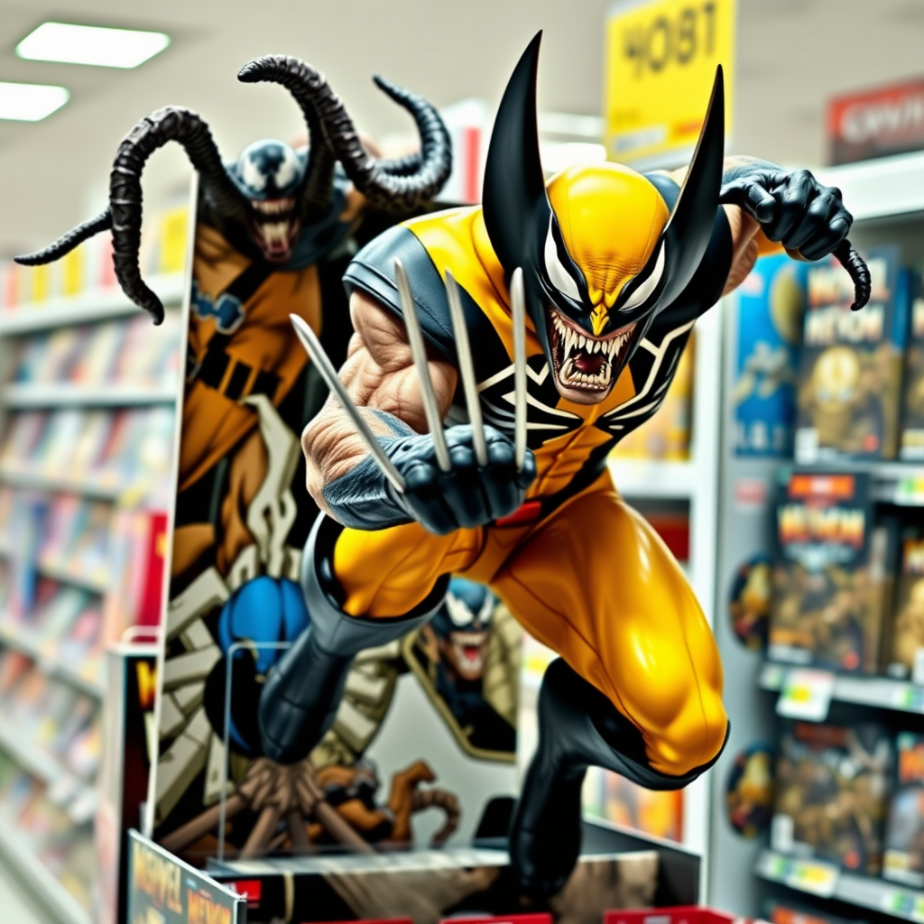 Jumping out of a comic book cover on a store shelf is Wolverine and Venom. Wolverine has his 3 claws Venom in cinematic real 3D photo-realistic quality.