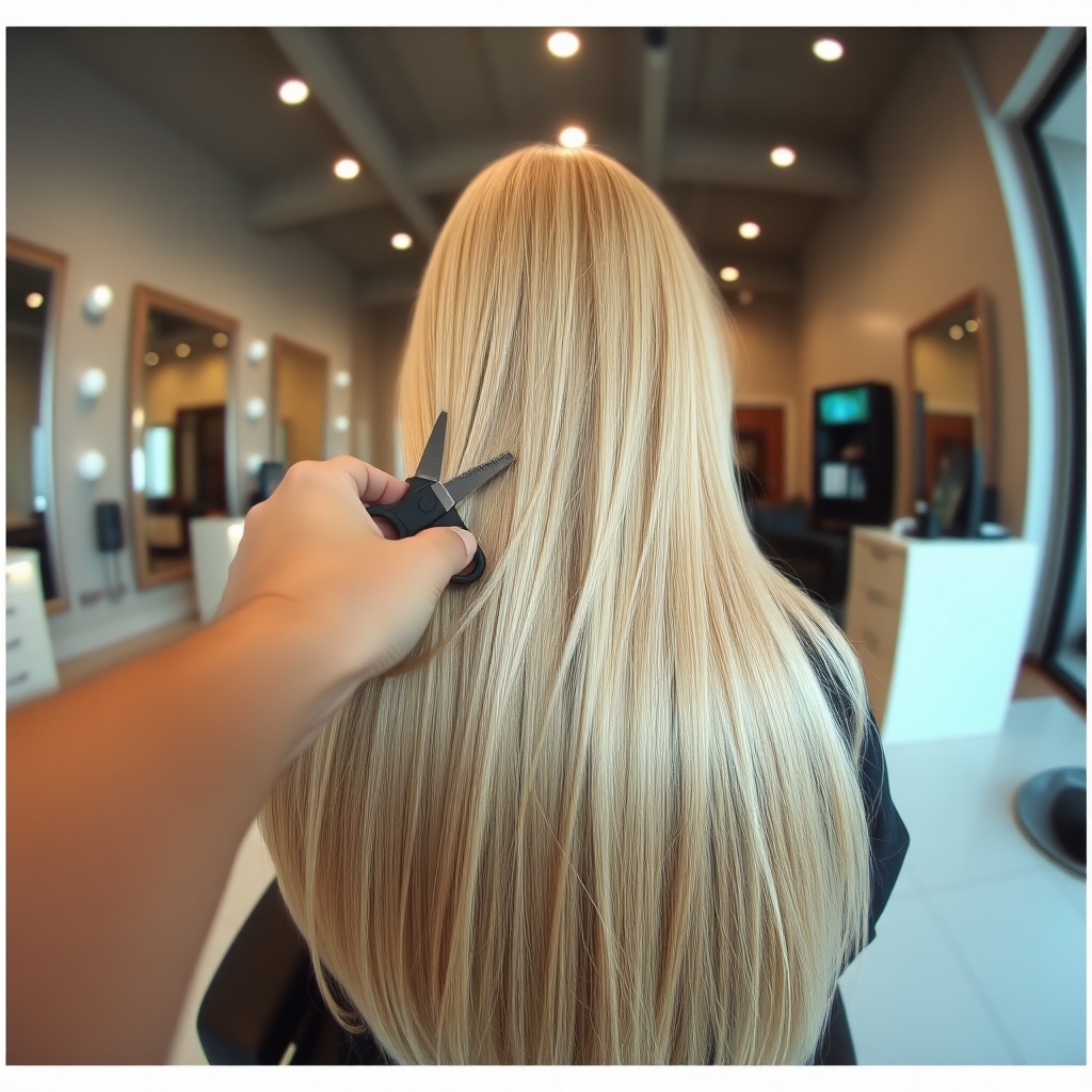 POV, beautiful very long haired blonde woman sitting in a hair salon while I reach out from behind the camera to trim her very long hair.