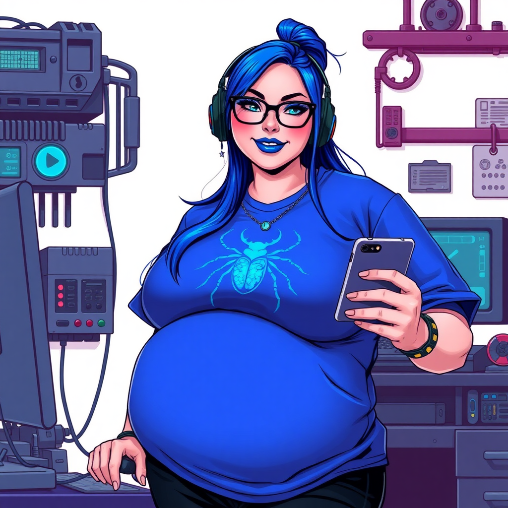 A cyberpunk vigilante’s full-figured intelligent and tech-savvy 28-year-old girlfriend, who is a computer hacker and tech genius. She has a long maximum blue ponytail. She wears maximum blue lipstick, bright blue eyes, a sapphire beetle gemstone necklace, sapphire earrings, black eyeglasses, and an oversized maximum blue t-shirt featuring a blue sapphire gemstone crusted chest icon of a beetle. She has a full-figured physique with a prominent, massive, round belly, reflecting her well-cared-for lifestyle. She sports a sapphire headset with a hi-tech maximum turquoise lensed HUD, and a shy smile with a neon red blush. She serves as his tech expert from his hideout, diligently working at her workbench and computer desk, while holding an electronic wrench and a holographic computer tablet. The background is solid white. She is drawn as if she was in a retro 2D cyberpunk fighting game. Ensure her maximum blue t-shirt covers her belly.