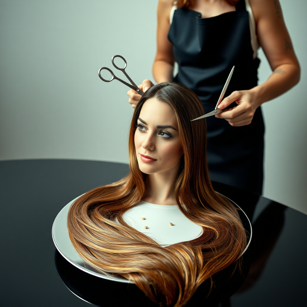 In a bizarre, surreal tableau, the polished surface of an elegant dining plate cradles the disembodied head of a strikingly beautiful Kate Middleton, her long, flowing hair cascading like a glossy waterfall of deep chestnut and honey highlights. The hair is luxuriously arranged, strands shimmering under the soft, ambient light that bathes the scene in an ethereal glow.

A skilled hairdresser, clad in a sleek black apron, stands poised with a pair of gleaming scissors, carefully trimming the endlessly luxurious locks that frame Kate's serene, almost ethereal features. The air is thick with the scent of salon products mingling with delicate hints of floral fragrances, creating an unusual yet strangely inviting atmosphere. The hairdresser's focused expression reveals a meticulous dedication as snippets of hair fall gracefully onto the pristine plate, echoing a sense of both artistry and absurdity.

The overall emotional tone conveys a dreamlike quality, inviting viewers to ponder the juxtaposition of beauty, identity, and the bizarre circumstances that bind them in this extraordinary moment.