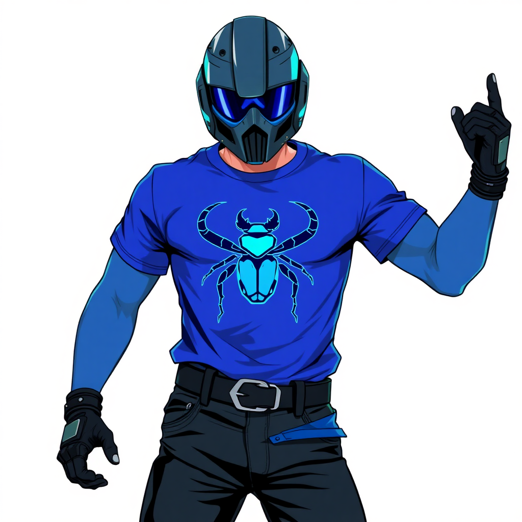 A 28-year-old cyberpunk vigilante stands heroically, clad in a maximum blue t-shirt featuring a neon blue beetle on the chest. They wear black biker pants, a black belt with a sapphire beetle buckle, and a helmet resembling a sleek, tactical design, but colored maximum blue with neon blue glowing lenses. Their hands are protected by black metal gloves, all set against a solid white background. He is drawn as if he was in a retro 2D cyberpunk fighting game.