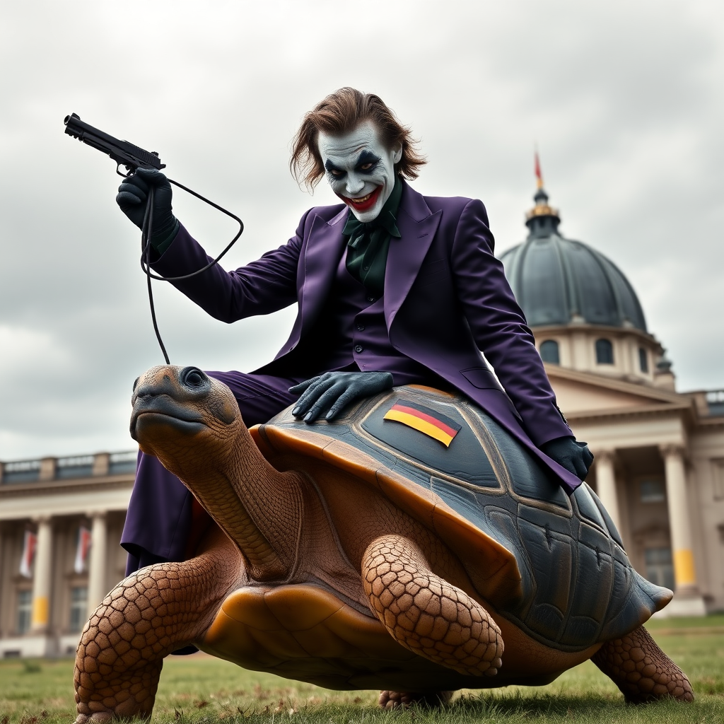 A photorealistic image of the Joker, wearing a dark purple suit with a black shirt, riding on the back of a large turtle. The Joker holds the reins of a bridle in his right hand, while in his left hand he holds a pistol. The turtle's shell is painted in the colors of the German flag (black, red, and yellow). In the background, the German Bundestag building can be seen, with its recognizable dome and grand architecture under a cloudy sky. The scene combines a surreal and whimsical mood with a hint of menace in Joker's expression.