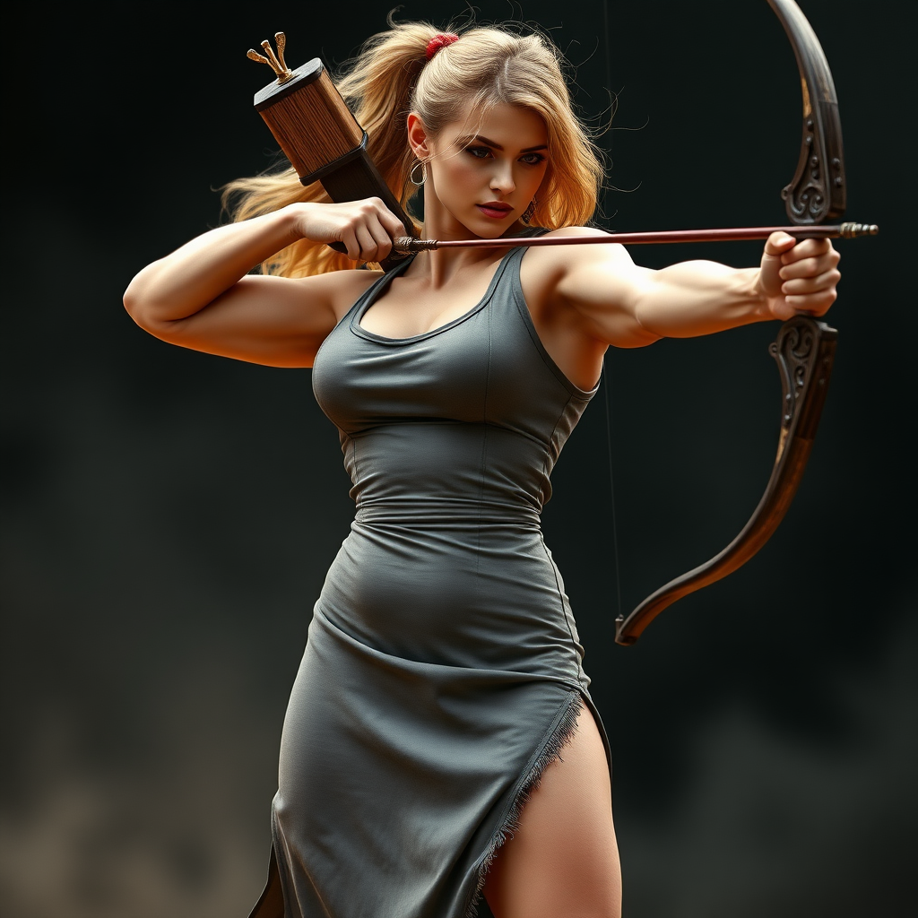 strong massive huge muscular bodybuilder girl, sleeveless dress, archer, photo