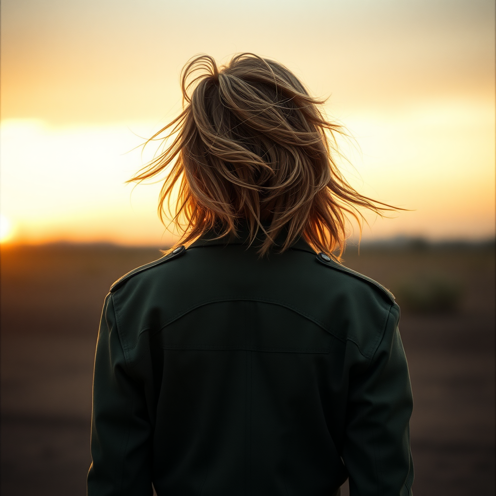 A full body shot from behind of a pretty twenty-something female with a face resembling (Ana de Armas). Strawberry blonde messy shoulder-length hair tussled by the wind. Military outfit, "Benaenae" badge on the breast pocket. It is dawn. Hyper-realistic, photorealistic digital matte painting, soft focus, film grain, lens flare. Gritty, dirty, scuffed.