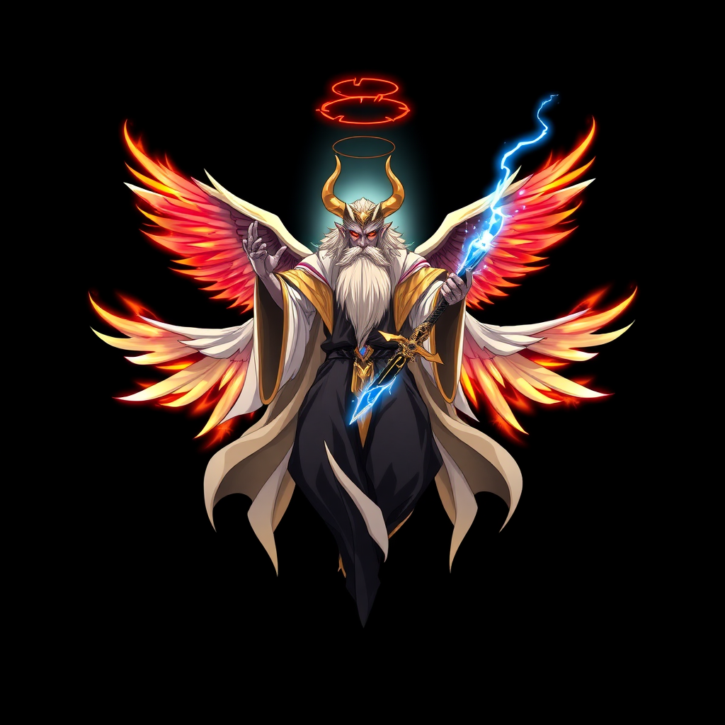 (Anime styled art) Black background of a divine yet sinister figure, floating ominously in mid-air. The being, known as YHVH Demiurge, radiates both light and darkness, with four angelic wings on top and two demonic burning wings on the back. A shattered halo hovers above its head, casting a fractured cracked glow, 4 golden horns on head. Dressed in flowing robes of white, gold, and black, the figure's long beard sways gently in the air. Its fiery ember eyes burn with a wrathful intensity, exuding a presence both holy and malevolent, he is holding a unique holy-golden burning-(HOLY FLAME)-blue-lightning sword in left-hand.