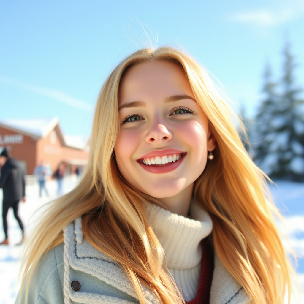 beautiful young woman with lush cherry blonde long hair, full lips, on Alaska Anchorage happy in sunny snow