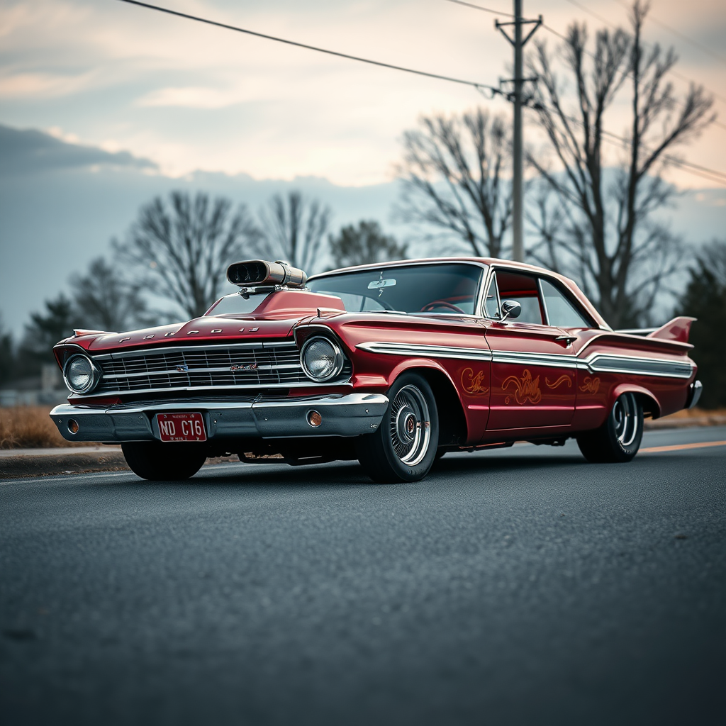 the drag car is parked on the side of the road, inspired by Taiyō Matsumoto, tumblr, restomod, nd4, c4 metallic shine classic american low rider custom ford